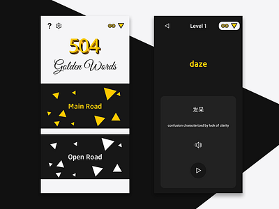 504 Golden Words android app app design black dark dark mode english font gold golden graphic design learning number numbers triangle triangles ui vocabulary white yellow