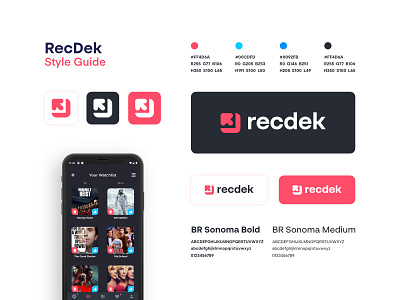 RecDek - Style Guide arrow arrow design arrow logo brand brand identity branding color pallete design graphic design layout logo logo design logo layout r logo rd logo red design red logo share icon share logo ui