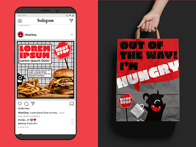 meat stop IG post and paperbag advertisement branding food identity design instagram restaurant typography