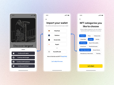 Rarible app wallet & categories backdrop bottomsheet chips collection crypto dashboard email home page login nft qr code selection sign up signup walkthrough wallet wallet list