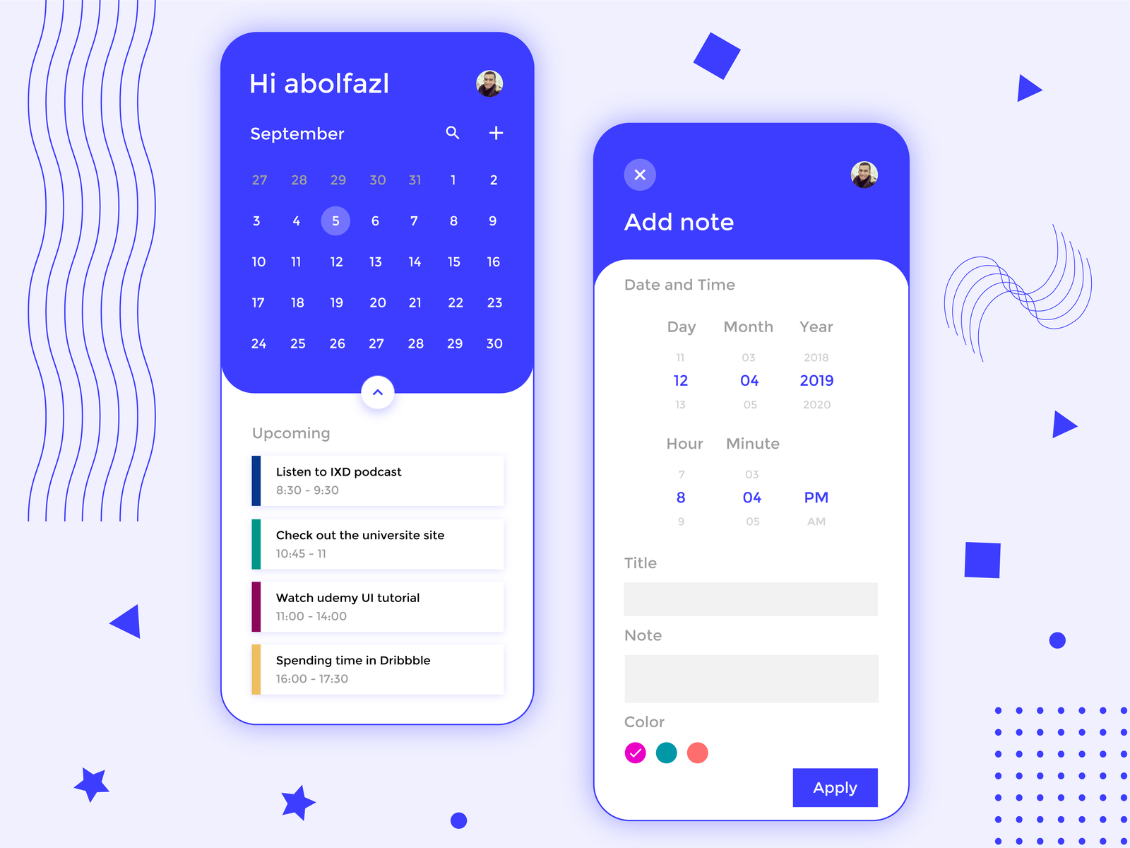 Daily schedule app UI by Abe on Dribbble