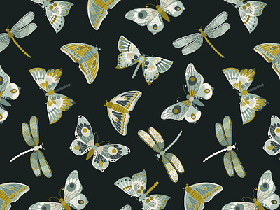 Art Nouveu style butterflies seamless pattern art nouveau butterfly celadon illustrator night blue ocre patternbank seamless pattern surface designing teal