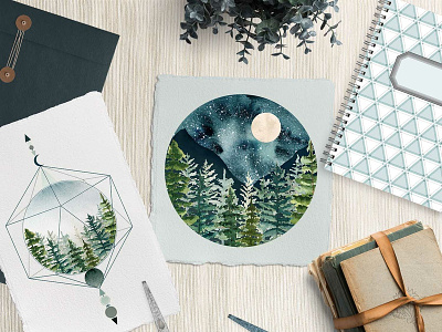 Mystic Trees watercolor alchemy dashed outline deep forest enigmatic design fir tree misty forest moon mountain landscape mystery mystic illustration pine tree spruce starry night tattoo idea teal turquoise winter landscape