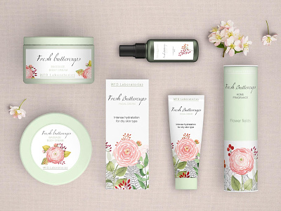 Fresh buttercups Cosmetique berries botanical illustration buttercups cosmetics facial cream fern floral design flower flower design fresh design leaves massage cream packagedesign packaging pink serum teal turquoise watercolor watercolour