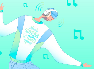 "Music is my life" audio player bluetooth connection concept dj electronic gadget emotion smiling enjoying good quality headphones high sound label life man satisfied multimedia music music online user poster sticker text wireless device