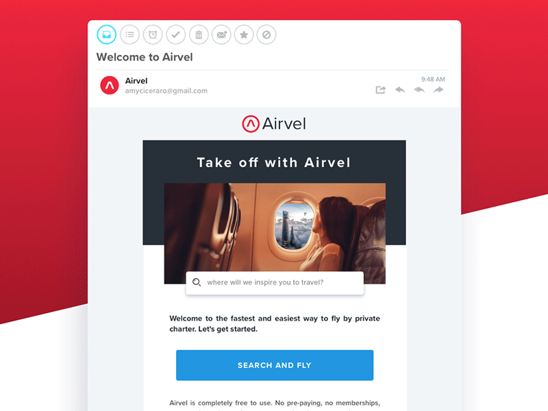 Private Air Charter Marketplace Welcome Email air charter animated email automation email email design email flow email gif email marketing email template jet marketing plane private air charter search and fly search bar transactional email view welcome welcome email window