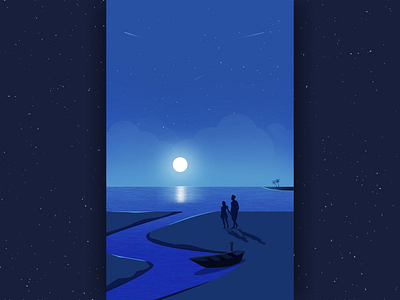 Moon & Romantic Couple. art beautiful cloud couple flat illustration love moonlight night romantic sky
