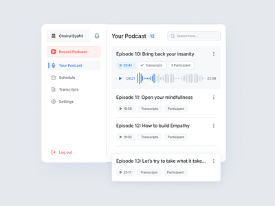 Podcast Plugin Dashboard audio audio app dashboard mic microsoft minimalist music plugin podcast record recording records ui uiux ux