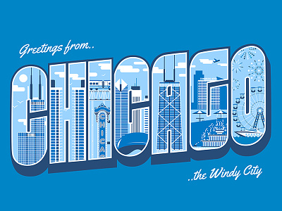 Greetings from Chicago! architecture bean buildings chicago city illustration navy pier sears tower sketch type typography windy city