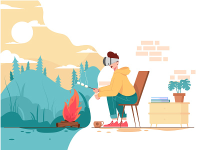Camp from home camping flat hero image illustration summer camping ui ux vector
