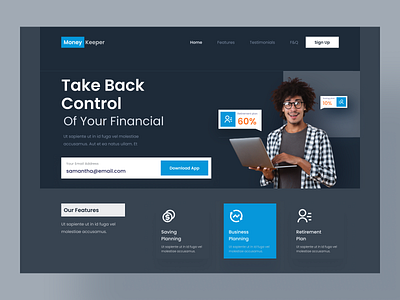 Money Keeper - Dark Mode hero illustration landing page money keeper money management planning retirement saving ui ux web website