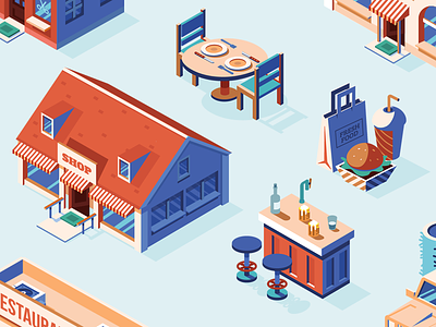 Shop and Restaurant Icons bar car food icon illustrator isometric restaurant retail shop table vector