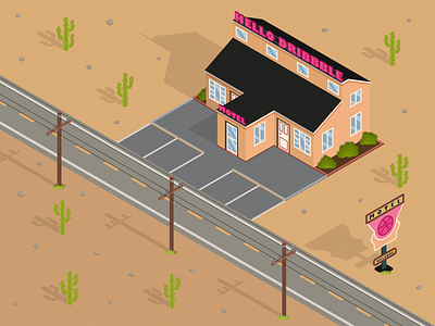 Hello Dribbble! cactus desert design dribbble flat glass home house illustration isomatric motel power line road vector