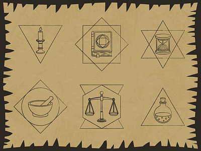 Alchemical Inventory alchemy book candle design fullmetal alchemist hourglass icon illustration inventory papyrus potion scales simbol