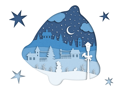 New Year Card bell card design house illustration moon new year paper postcard snow snowman star tree vector winter