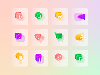 GLASSMORPHISM ICON app basket buttons camera clock design glass glass effect glassmorphism graphic design heart icon icon pack icon set illustration lamp scissors ui vector web