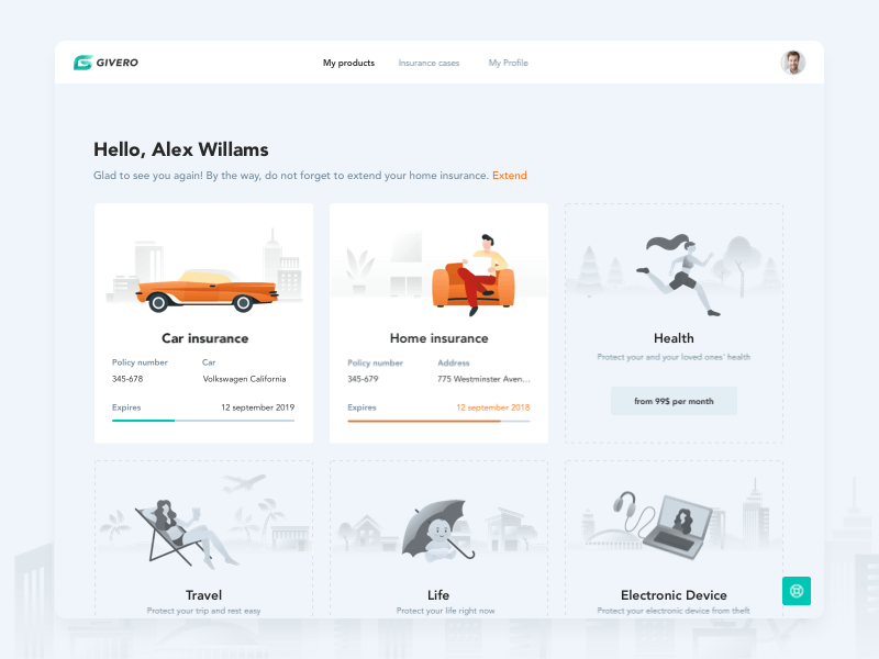 Givero - My Products animation design gif graphic design illustration insurance insurance app insurance product interaction animation online app popup design ux vector