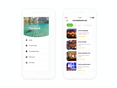 Travel City App accommodation hotel list hotels list view mobile app side bar side menu travel user interface ux ux ui
