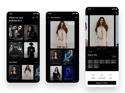 Talent Hunt app in black black theme book a model branding design mobile app design model model detail model profile photography photoshop talent talent hunt ui uiux