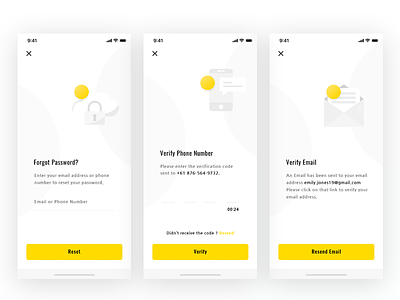 Registration Screens custom icons email icon forgot password icons illustrations lock icon mobile app mobile icon photoshop ui uidesign uiux verify email verify phone number yellow yellow theme
