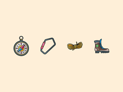 Hiking Gears boots carabiner colour compass flat gear hiking icon illustration logo mountain rope vector wild wildlife