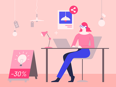 Retail e-commerce Illustration 2d anitamolnar bannersnack blogpost commerce design desk ecommerce illustration lamp office shop vector wacom woman working