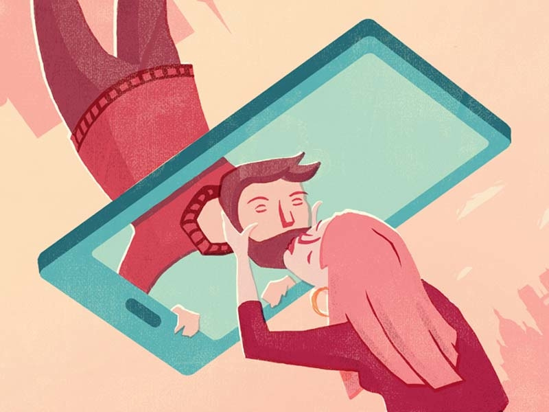 Fernbeziehung pink red relationship kissing love smartphone pastel color flat design illustration