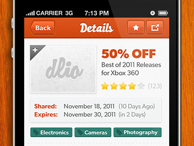 Deal Details/Overview app apps deals details dlio interface ios iphone lbs light location based mobile tags ui