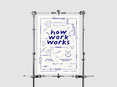 How Work Works — Poster blueprint circuit conference diagram duotone electric forum identity lineart poster promo switch switcher work