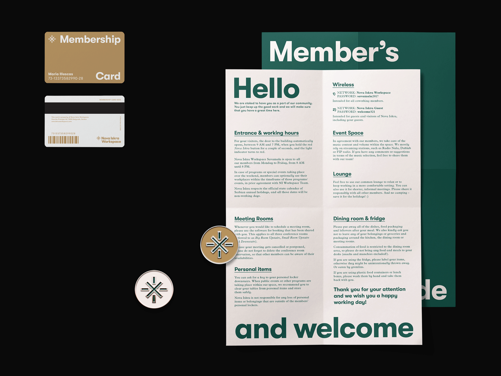 Nova Iskra Workspace — Member's Kit a4 paper branding design guide identity layout logo membership membership card pin print stationery welcome