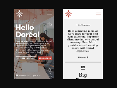 Nova Iskra Workspace — Mobile View booking icons interaction interface layout location meeting rooms mobile motion plans slider website workspace workstation