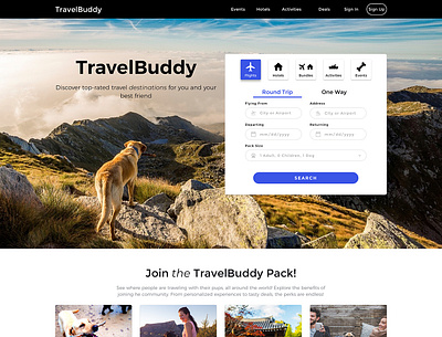 TravelBuddy Landing Page adventure booking clean colors concept design dog graphic design homepage landing page product design travel ui user experience user inteface ux uxui web website