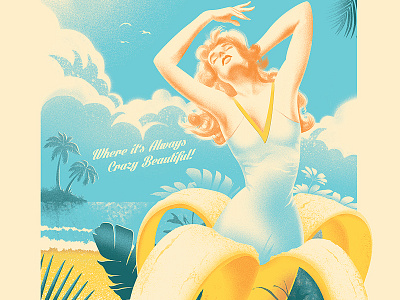 The Bananaland Vintage Poster airbrush banana clouds poster retro travel tropical vintage