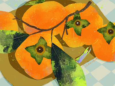 Persimmon artwork digital art drawing green illustration orange persimmon procreate