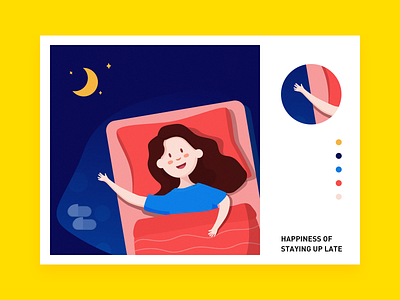 Happiness of staying up late bed girl illustration moon night sleep vector illustration