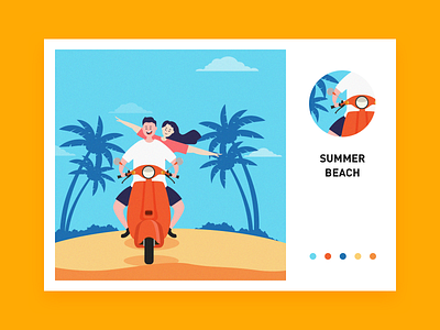 Summer beach beach blue sky couple design happy holiday illustration love motorcycle vacation