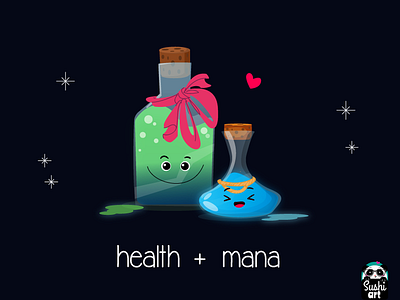 health and mana potions to help you get through the day art cute design flat health healthpotion illustration kawaii mana manapotion potions vector