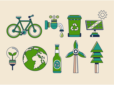 Earth Day Green Lineart Icon 22 april bicycle bottle day design earth earth day globe icon illustration line lineart recycle solar solar panel sun tree vector