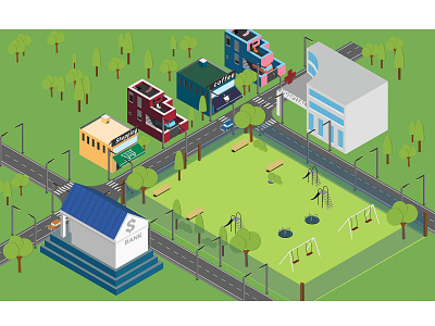 Isometric Town adobe adobe illustrator bank cars coffee shop coffeeshop flat design green hospital houses isometric isometric design isometric illustration market park shops town township tree walmart