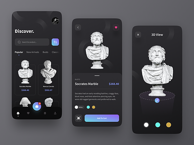 Statue Online Store 👜 app dark dark app dark mode dark theme dark ui design ios market marketplace mobile mobile app pricing product shipping shop statue store ui ux