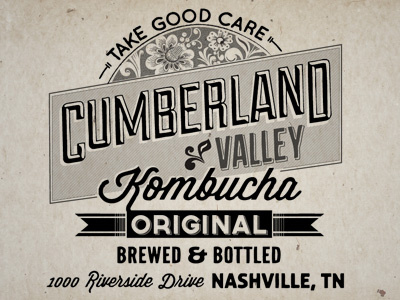 Cumberland Valley Kombucha branding label ornate typography vintage