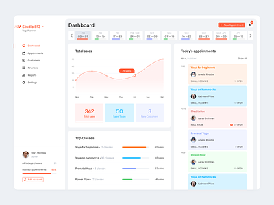 Dashboard for YogaPlanner app appointments calendar classes clean crm dashboard design erp fitness interface planner planning software product sales studio management ui ux website yoga