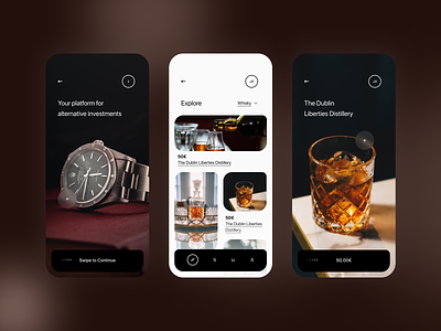 Luxury Investment Marketplace app black brand branding design figma gold invest investment ios luxury minimal mobile rolex shopping trend ui ux white