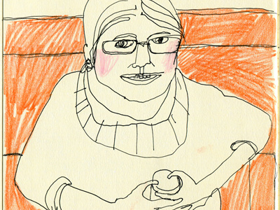 Katya in Orange Chair pen portrait sketchbook