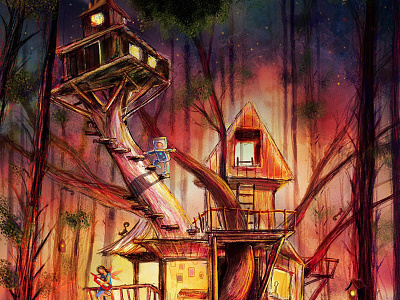 Album cover illustration animals children forest house robot treehouse
