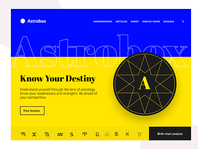 Astrology website concept astrology blue design horoscope yellow zodiac