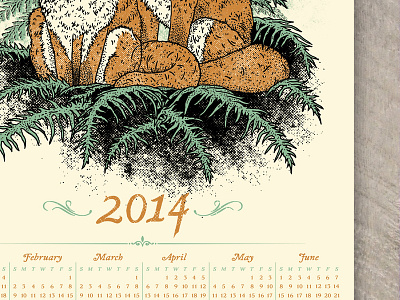 2014 Calendar 2014 calendar design ferns foxes halftones illustration poster print screen texture