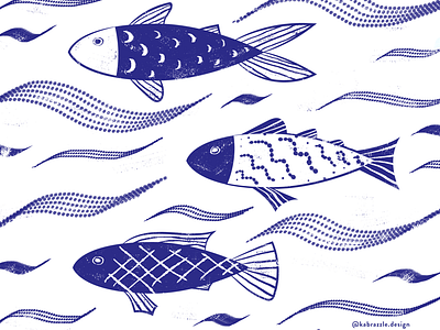 Cobalt Fishies animals fish linocut marine ocean pattern stamp surface design