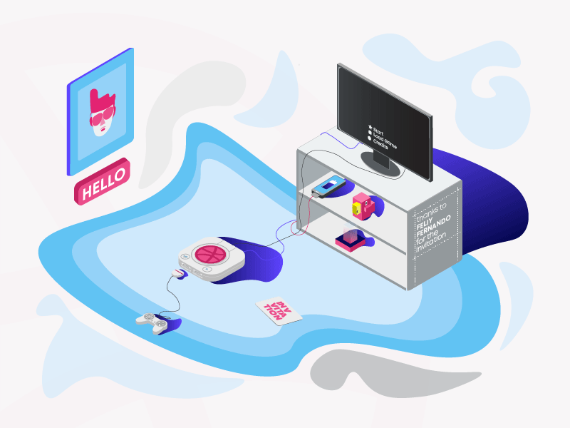 Hello Dribbble! 2018 animation black blue debut games gradient color grey hello dribbble isometric pink shadow