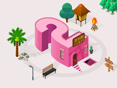 Two Dribbble Invites draft dribbble fire giveaway house illustration invitation invite isometric jungle two